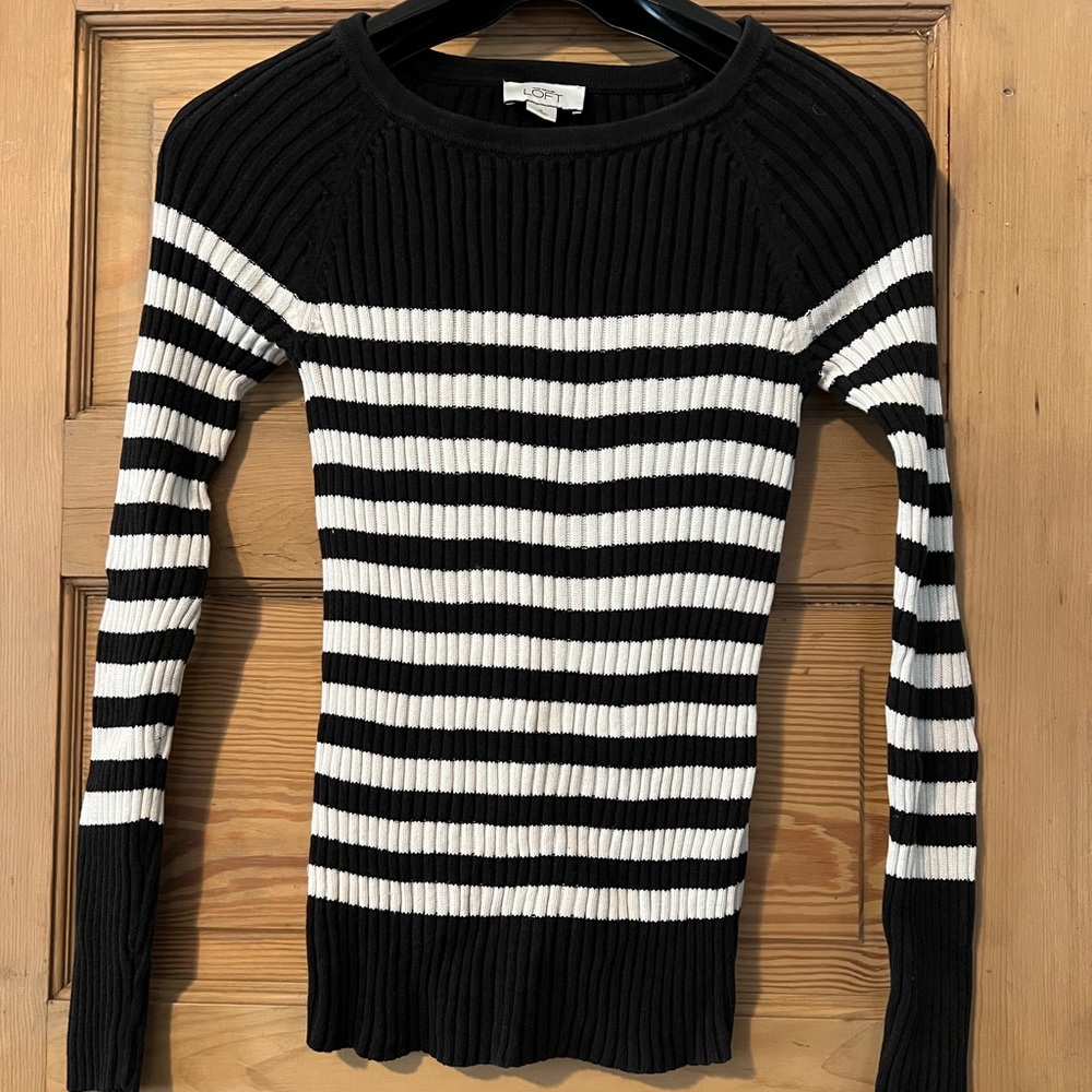 LOFT Black and White Striped Ribbed Crewneck Sweater